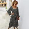 Women Autumn Winter Vintage Dress Long Square Collar Floral Print High Waist Full Sleeve Black Green Purple S-XL
