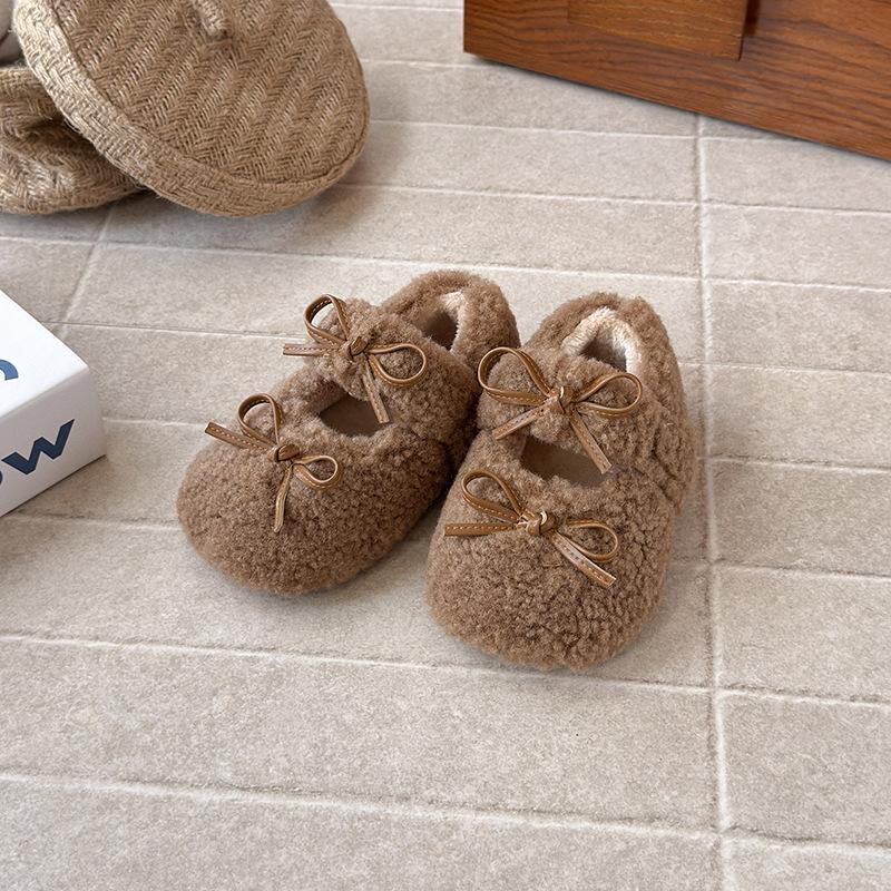 Kids Warm Fuzzy Bow Mary Jane Shoes Non Slip Winter Casual Shoes 21 хаки