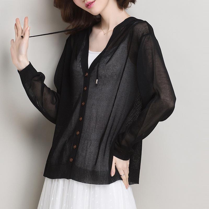 

Summer New Ice Silk Knitted Cardigan Women s Thin Sunscreen Coat Spring and Autumn Hooded Knitted Sweater 3XL чорний