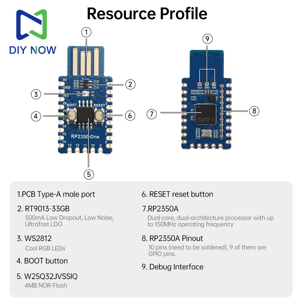 RP2350-One 4MB Flash Microcontroller Development Board Type-A Male Connector RP2350A Dual-Core  Dual-Architecture Processor