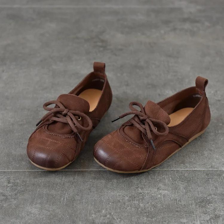 Johnature Genuine Leather Soft Soled Loafers Casual Comfortable Round Toe Lace Up Women's Flat Shoes