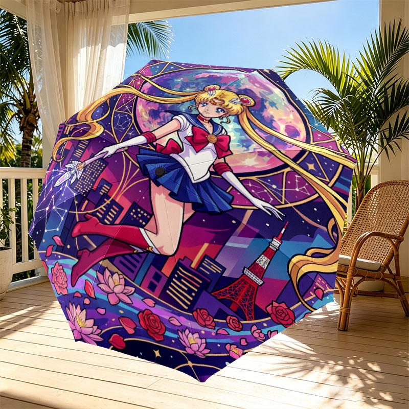 Sailor Moon Print Automatic Open Close Umbrella, Portable Foldable Umbrella, for Outdoor Commute Camping Trip, Ideal Birthday Gift