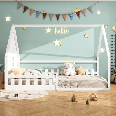 Low Bed, 140*200 Cm, Children's Bed, House Frame, Guard Rail, Pine Wood, White