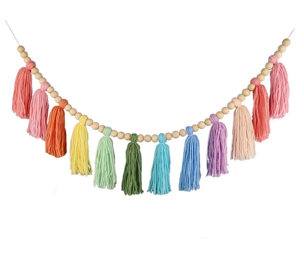European & American Style Wool Thread Wooden Beads Tassel Wall Hanging Ornament
