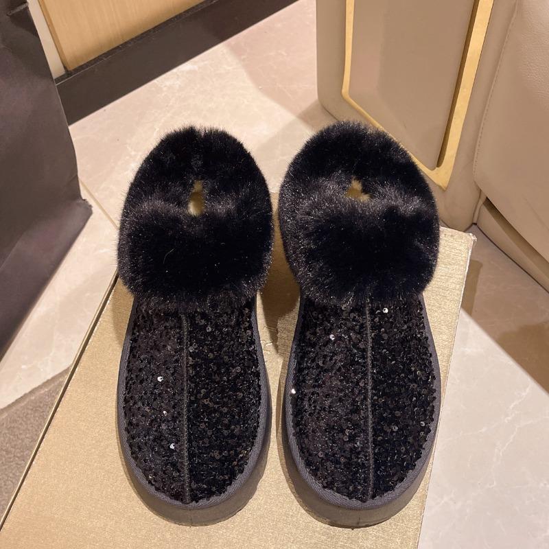 Damen Überweite Plateau Schneestiefel, Paillettenverziert, Kunstfellstulpe Stiefeletten, Dicke Warme Winter Stiefeletten für Damen