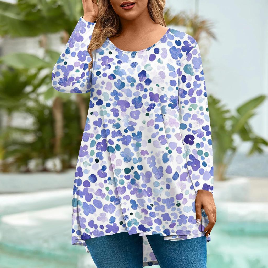 Women's Fashion Large Size Round Neck Long Sleeve Casual Print Loose Pullover Top
