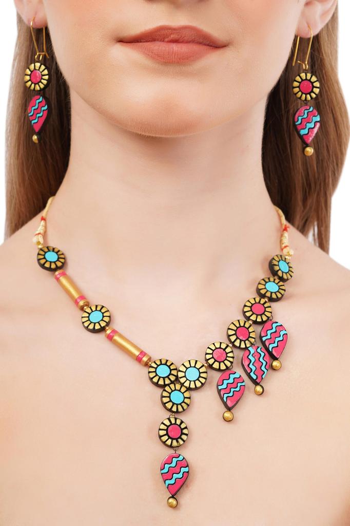 Handmade Terracotta Jewelry Set: Dangle Necklace & Ears