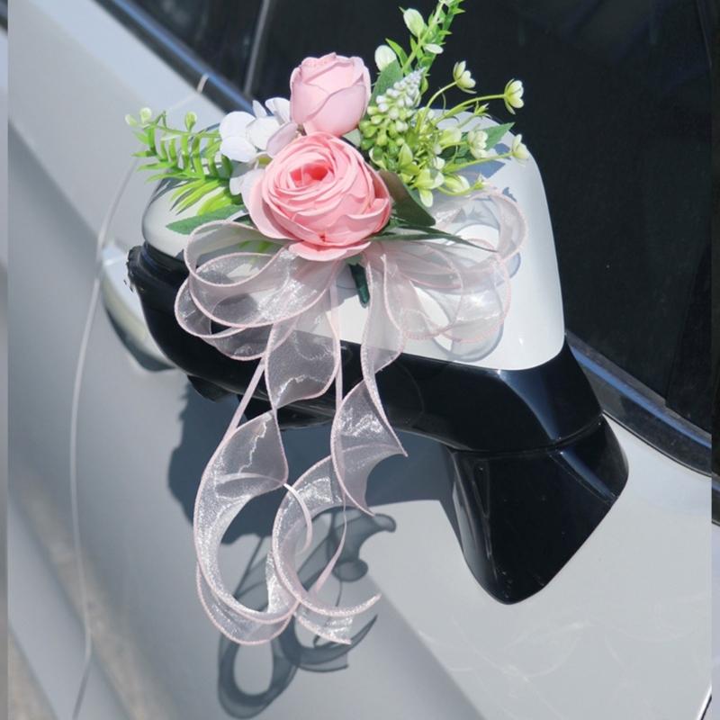 Elegant Blue Bridal Car Mirror Plant Ornament Synthetic Cloth Arrangement For Outdoor Wedding Event