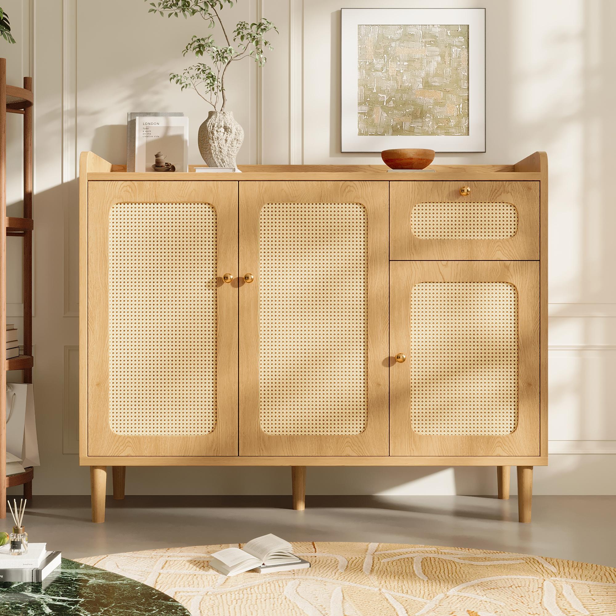 Sideboard 120x40x91cm with Rattan Weave, Oak-Look