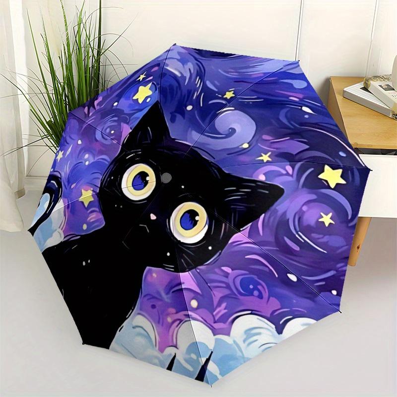 1pc "Starry Night Cat" Automatic Open 8-Rib Windproof Umbrella, Travel & Commuting, Suitable for All Seasons