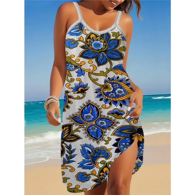 

Ретро-платье-комбинация с ретро-цветочным 3D-принтом синего и желтого цветов, художественное и привлекающее внимание 5XL