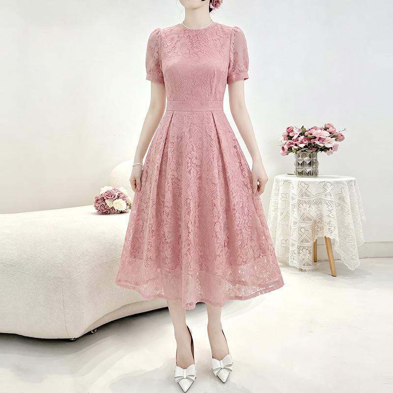 ZANZEA Women Casual Round Neck Short Sleeve Patchwork Lace Midi Dress M розовый