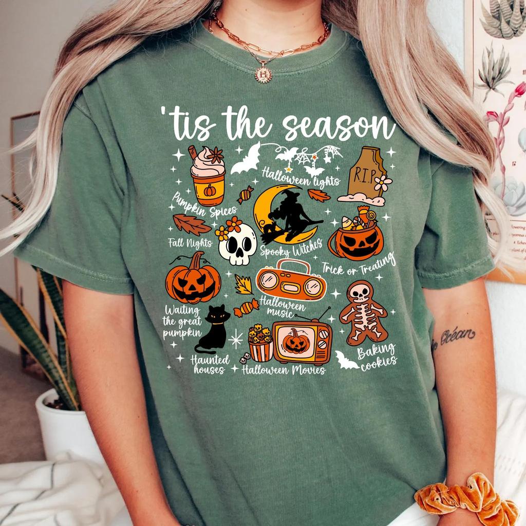 Women Dark Academia Funny Vintage Halloween Comfort Shirt Tis the Season Halloween Pumpkin Witch Daily Top Trendy Streetwear