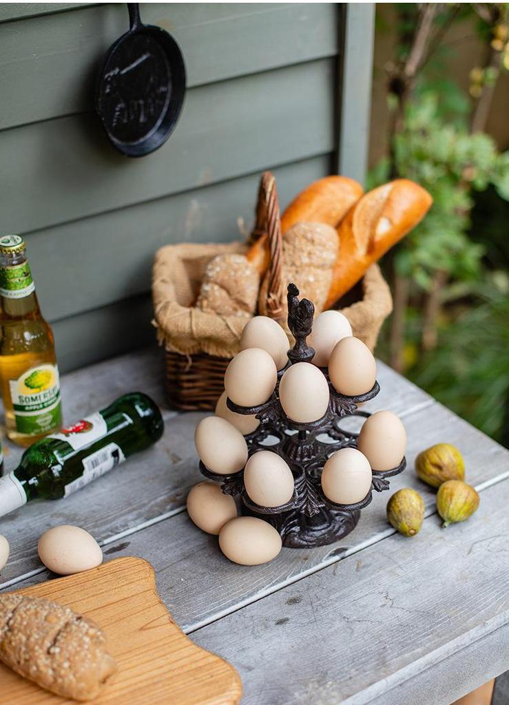 Vintage Cast Iron Egg Rack with Rooster Ornament - Nostalgic American Country Kitchen Decor