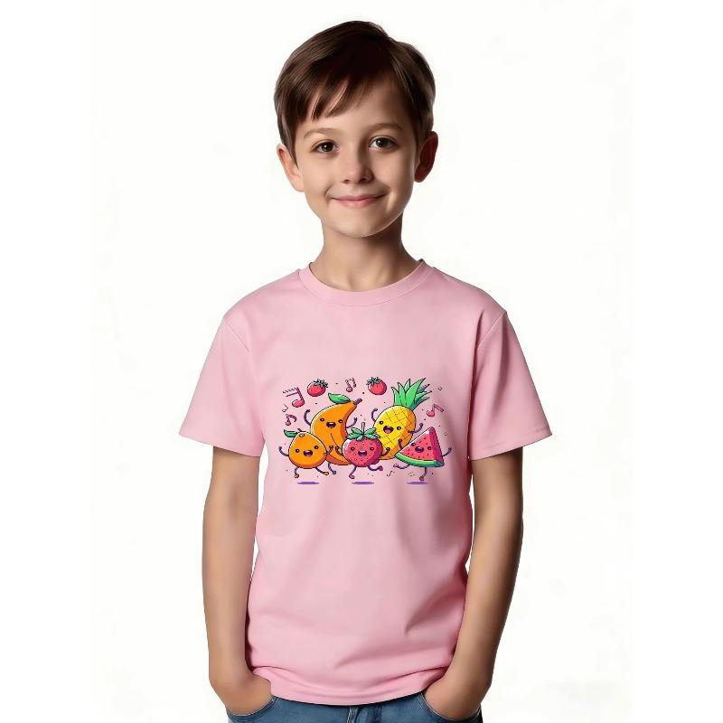 European Sizes Cute Cartoon Fruit Dance T-Shirt - Featuring a Smiling Orange for Girls, Tropical Mango for Boys
