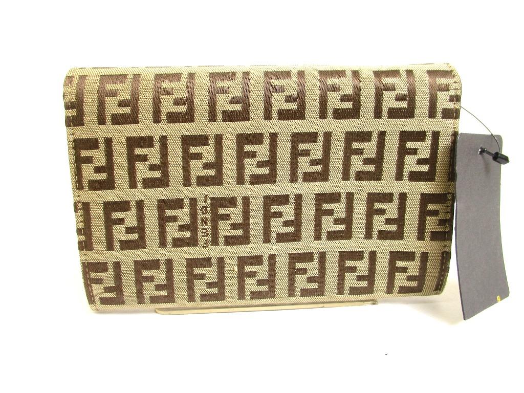 Authentic FENDI Zucca Khaki Canvas Brown Leather Bifold Wallet Compact Wallet #b014  Refurbished