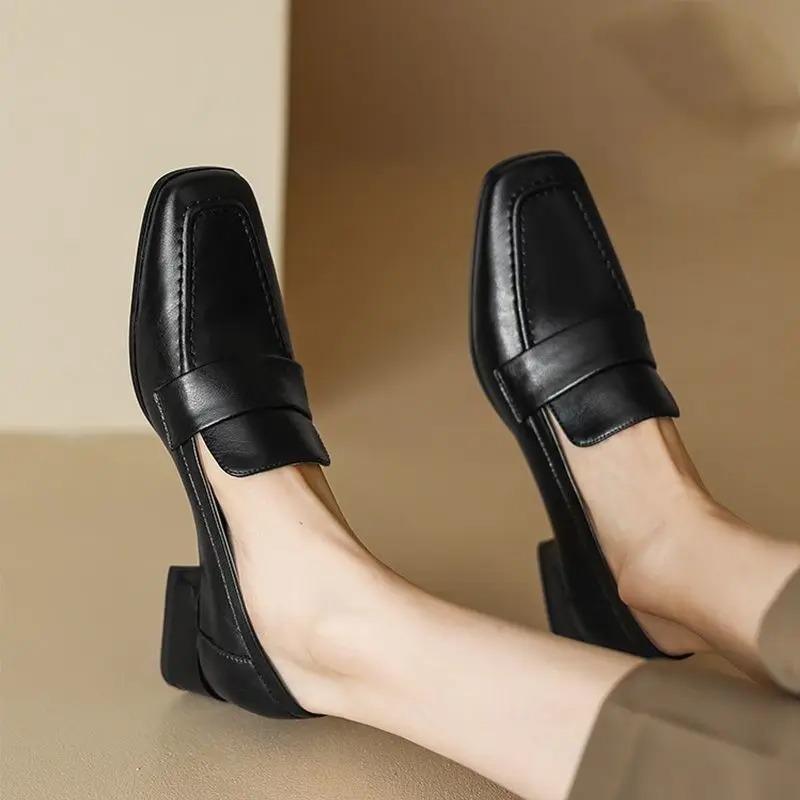 Women's Soft Leather Loafers Spring Autumn Soft Slip On Chunky Heel Versatile Loafers Women British Style Shoes