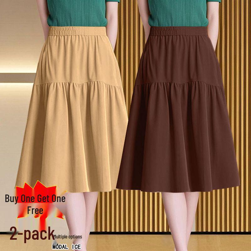 Women's A-Line Elastic Waist Skirt - Three-Quarter Length, Solid Color, Spring/Summer/Autumn Styles Available