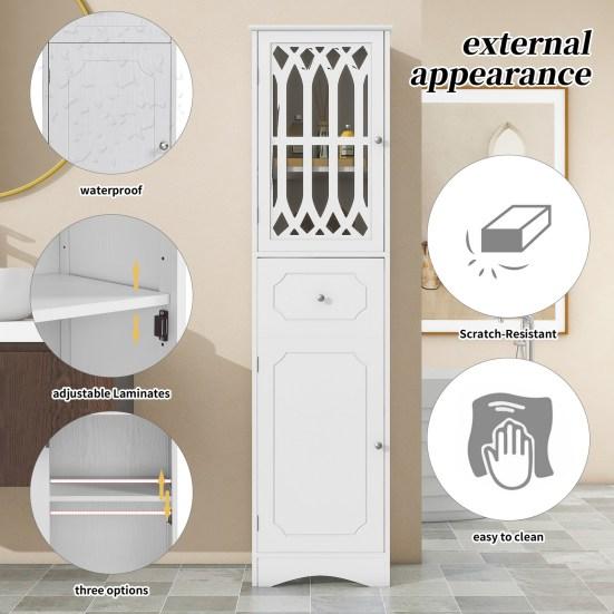 Bathroom Cabinet with Drawer Dual Doors 2 Compartments Adjustable Shelf Hollow Modern Freestanding Tall Floor Narrow Storage Cabinet