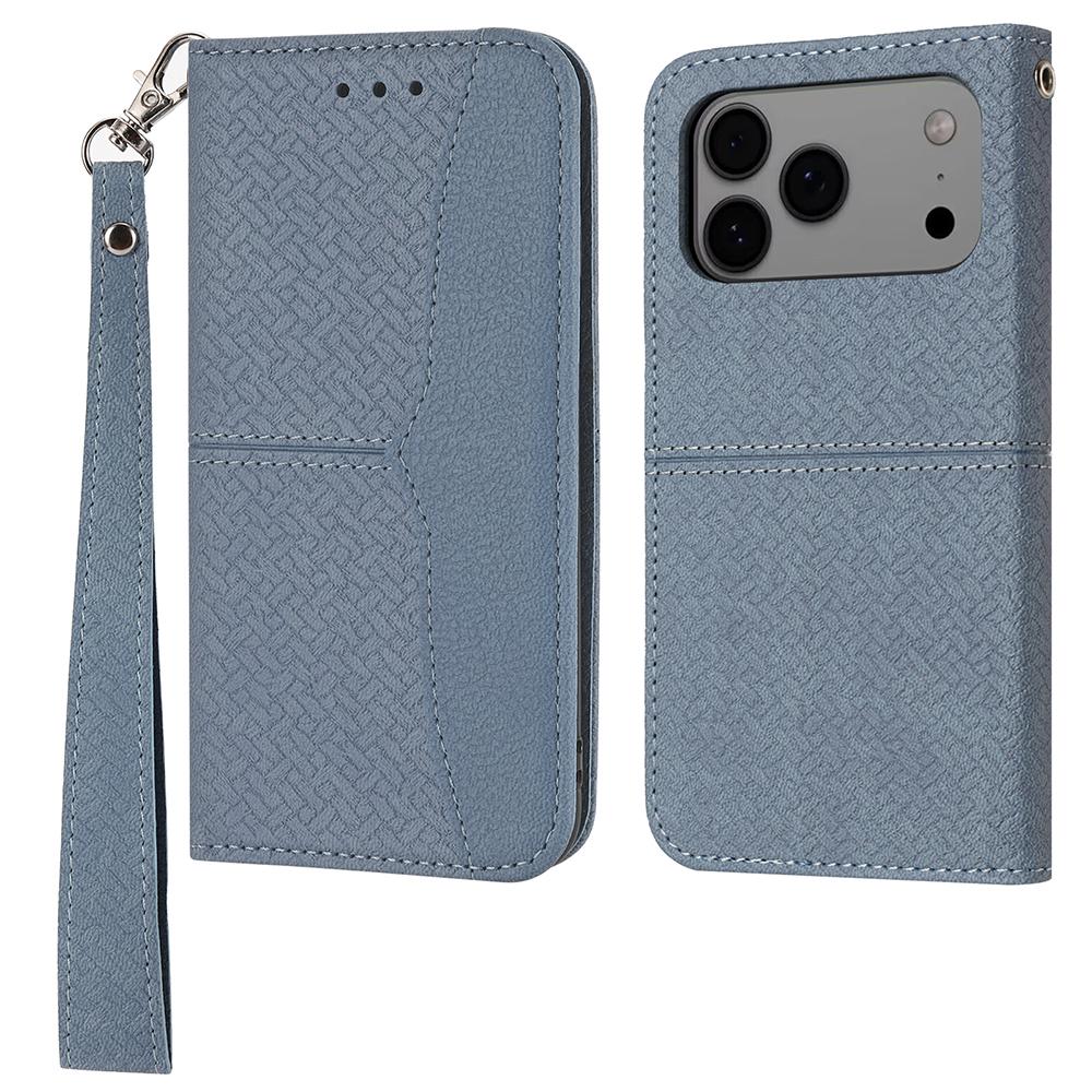 

For iPhone 17 Pro Max Case Woven Texture PU Leather Wallet Phone Cover with Wrist Strap Grey