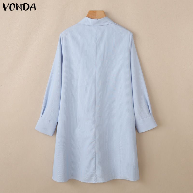 VONDA Elegant Women Lapel Neck Long Sleeve Striped Ruffled Casual Shirts Dress