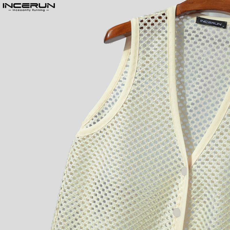 INCERUN Men V Neck Sleeveless Buttons Up Hollow Beach Tank Tops