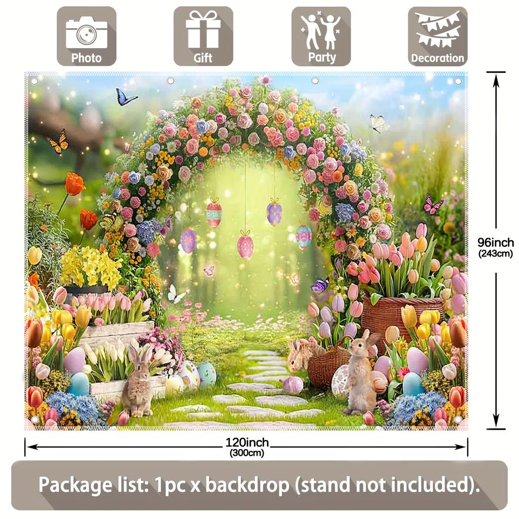 1 piece, Spring Forest Path Easter, Flower Wreath Arch Green Grass Flower Rabbit Easter Egg Butterfly Photo Background