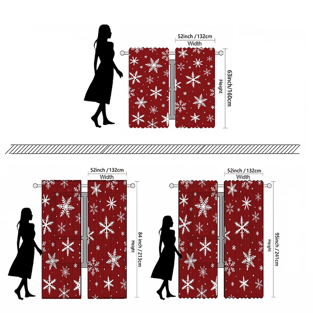 2-piece set of high-definition digital printed curtainred background with white snowflakes curtain rod pocket styleHome decorati