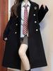 Academy-Style JK Uniform Double-Breasted Wool Coat - Black, Mid-Length, High-End Feel, Straight Shoulders, Autumn/Winter.