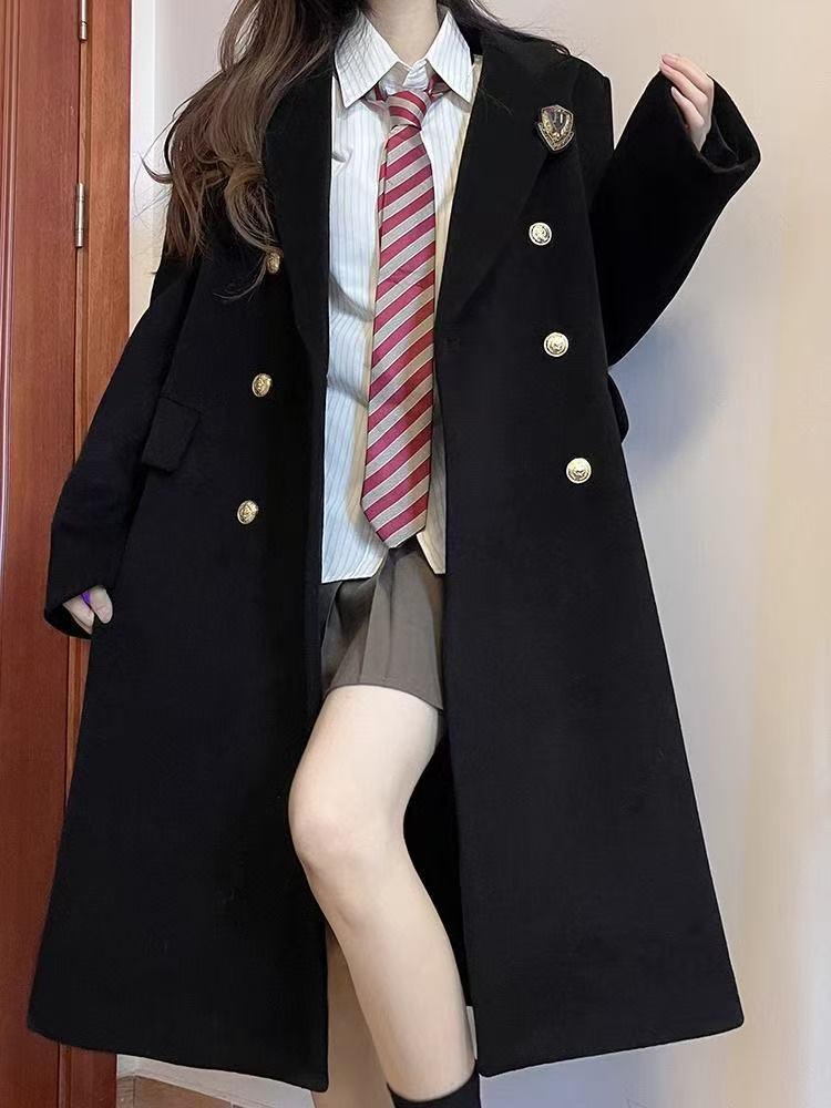 Academy-Style JK Uniform Double-Breasted Wool Coat - Black, Mid-Length, High-End Feel, Straight Shoulders, Autumn/Winter.