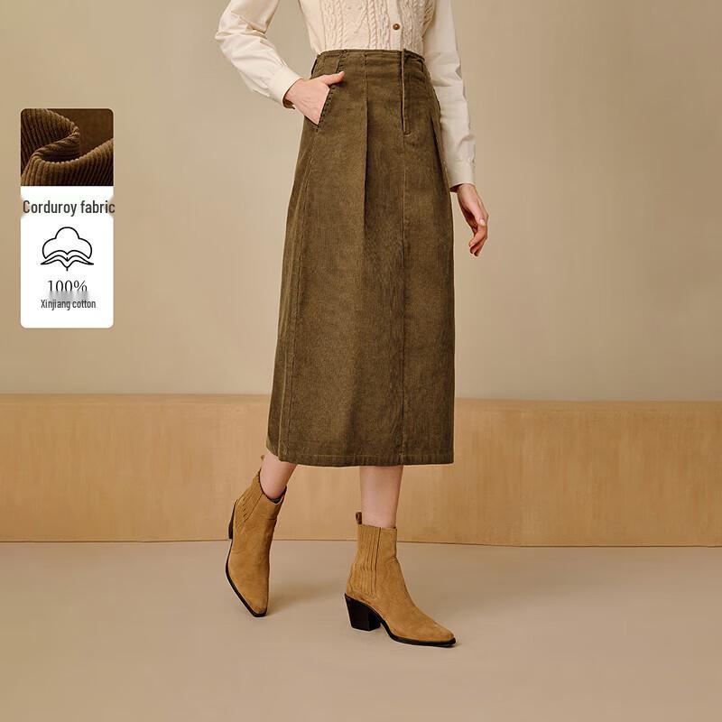 INMAN Women s Corduroy High-Waist Pleated A-line Skirt L