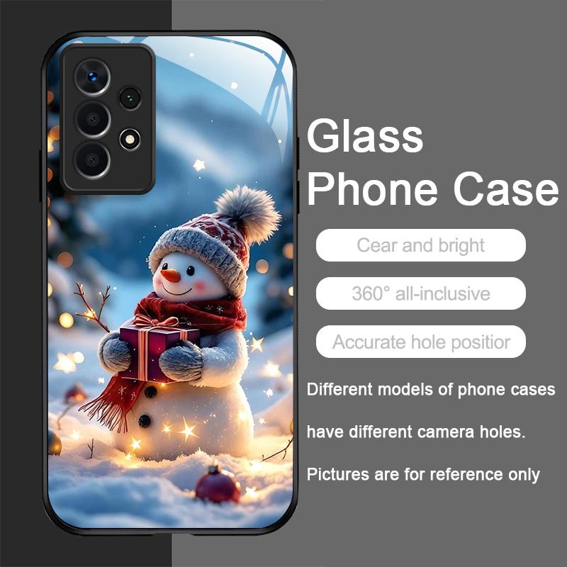 Winter Christmas Snowman Pattern Tempered Glass Phone Case for Samsung Galaxy S25 Ultra S24 S23 Plus S22 S21 S20 FE A56 5G Cover