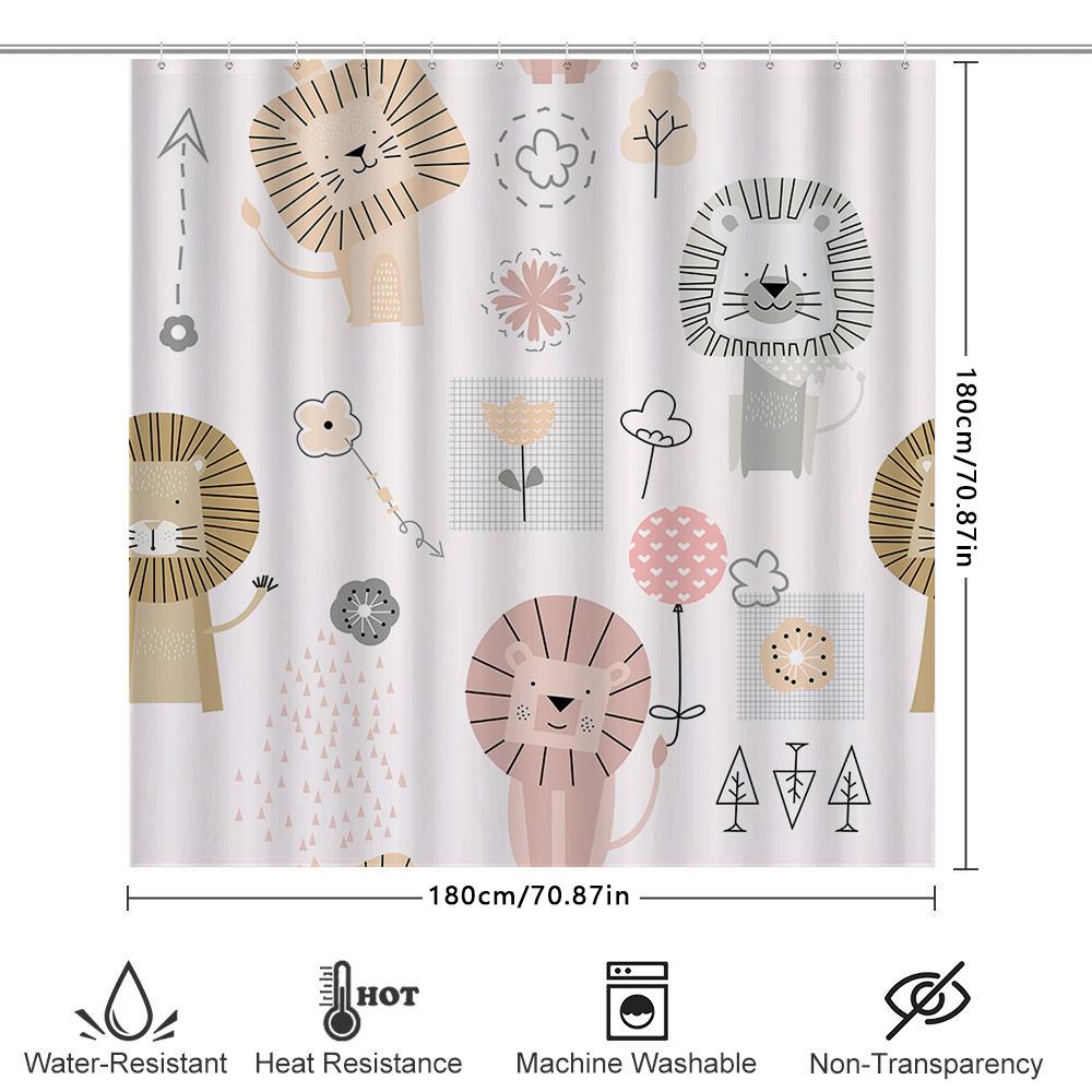 Cute Cartoon Animal Print Shower Curtain With Lion Design For Bathroom Decor Cream White Floral Kawaii Pattern Shower Curtains H