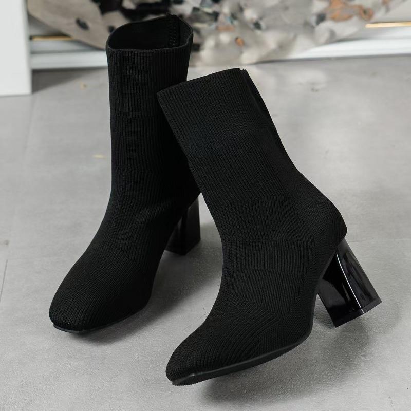 Large Size Elastic Boots Women's Autumn and Winter New Wind Square Head Flying Knitting Women's Boots Thick High Heel Medium Tube Thin Socks Boots