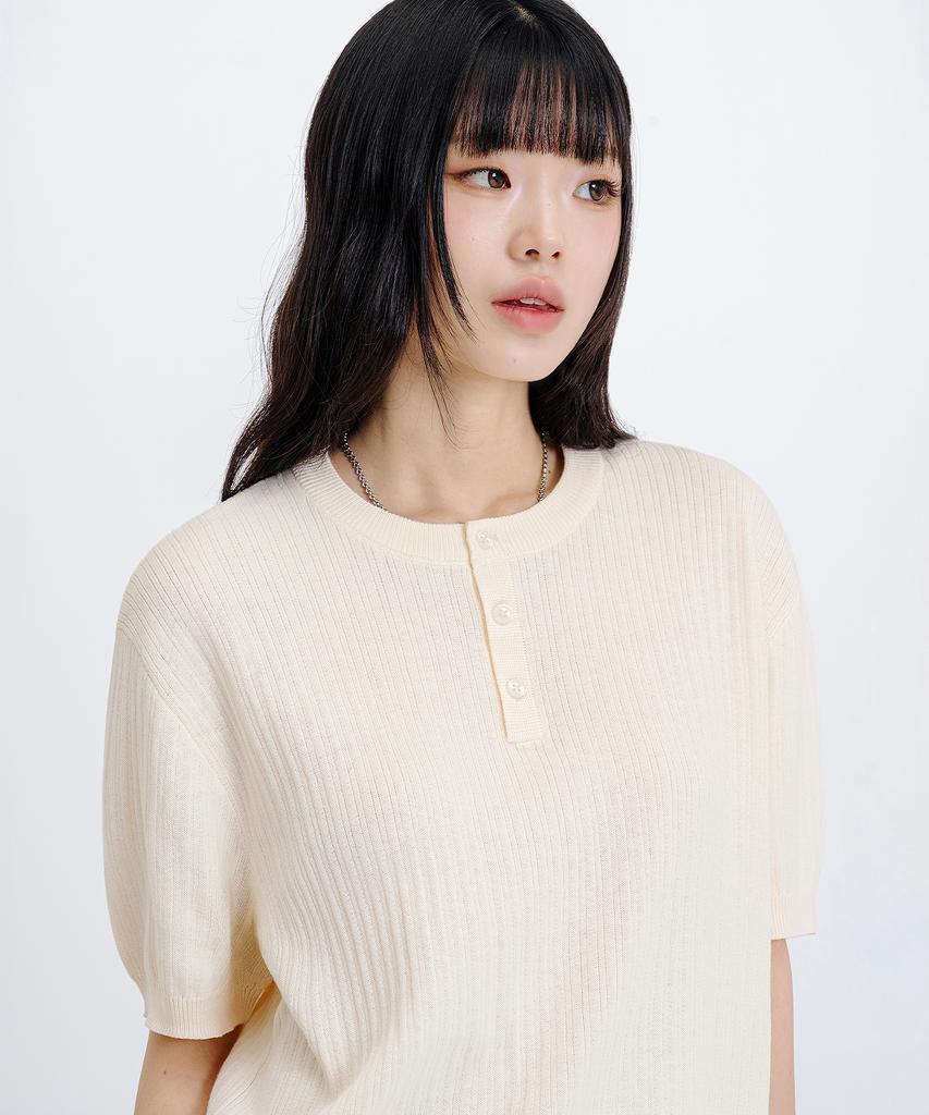 LEMAIN SECOND Classic Henley Neck Washable Short Sleeve Knit [Ivory]