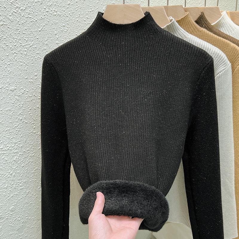 Women's New Style of Half Turtleneck Plus Fluff Sweater for Winter Inner Wear, Long-sleeved Integrated Velvet Knitted Base Shirt