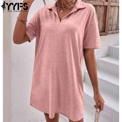 Damenmode Sommer Frühling Einfarbig Druck Kurzarm POLO Hals Lose Taille Casual Kleider