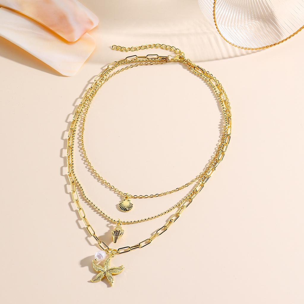 Necklace for Women Necklace Ocean Wind Ins Multi-layer Stacked Alloy Shell Conch Starfish Pendant Necklace Female Beautiful Elegant Necklace for Her