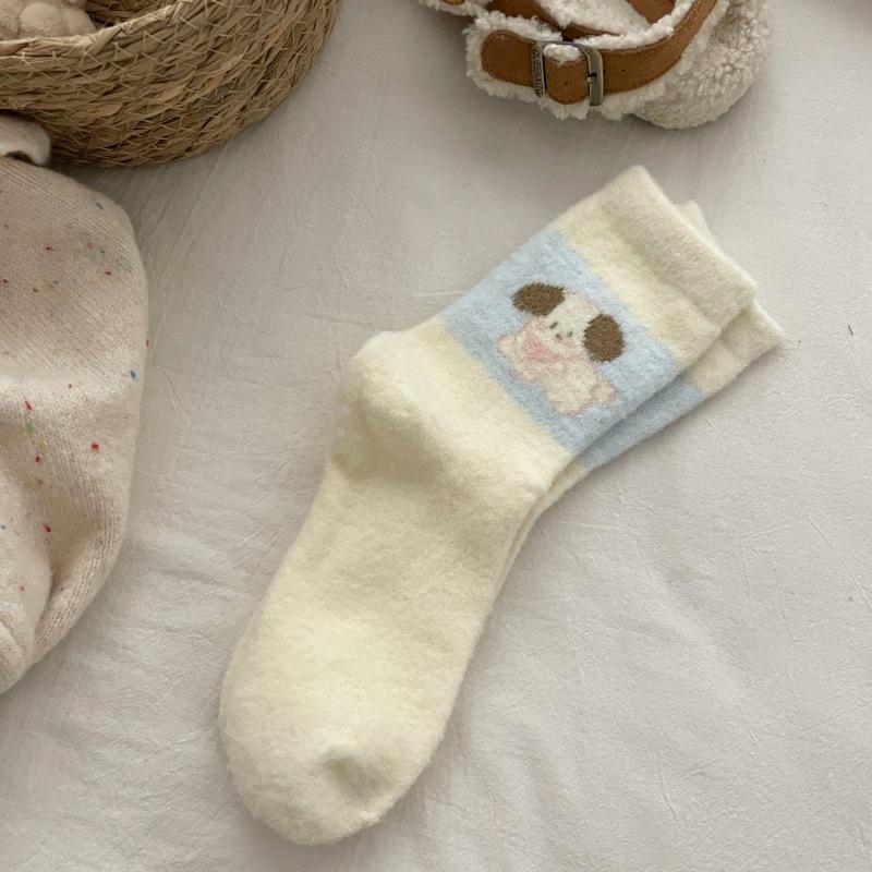 Female Autumn and Winter Thickened Warm Lovely Cartoon Puppy Moon Son Home Floor Sleep Tube Socks