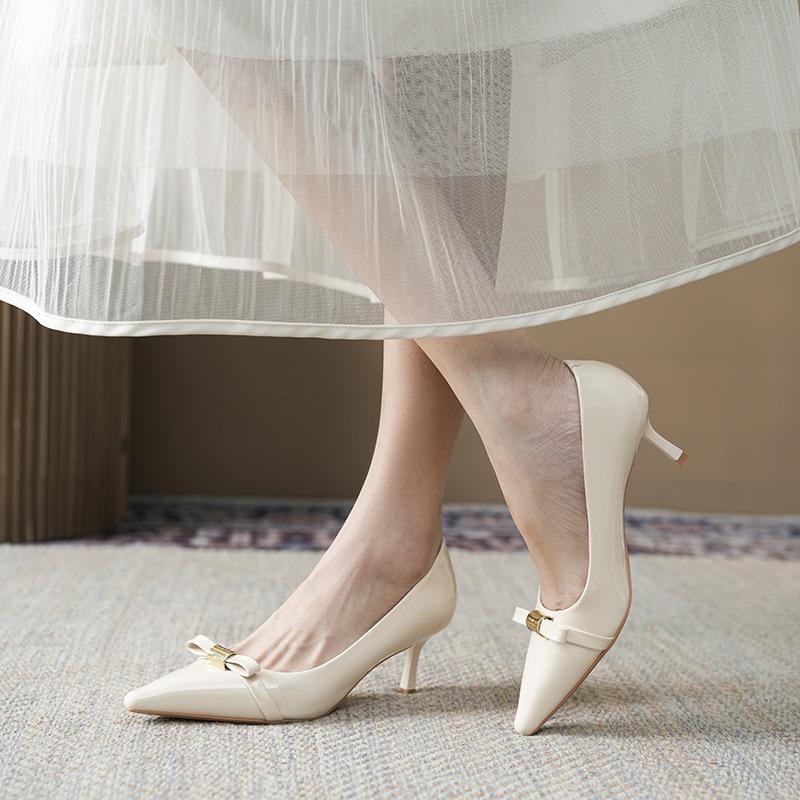 Design bow sweet temperament high heels women's pointed head thin heels single shoes not tired feet spring