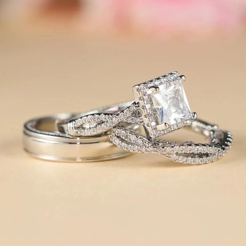 Charm Couple Rings Men Stainless Steel  Rhinestones Zircon Women Wedding Band  Set Valentine Day Jewelry