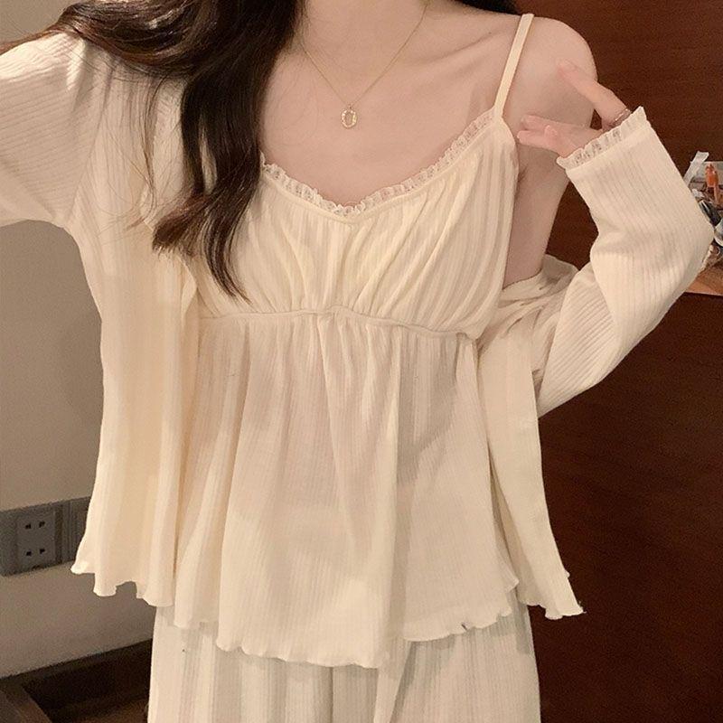 Hot-Selling 2024 Women's Long Sleeve Floral Pajama Set - Sexy Spring & Autumn Three-Piece with Chest Pads