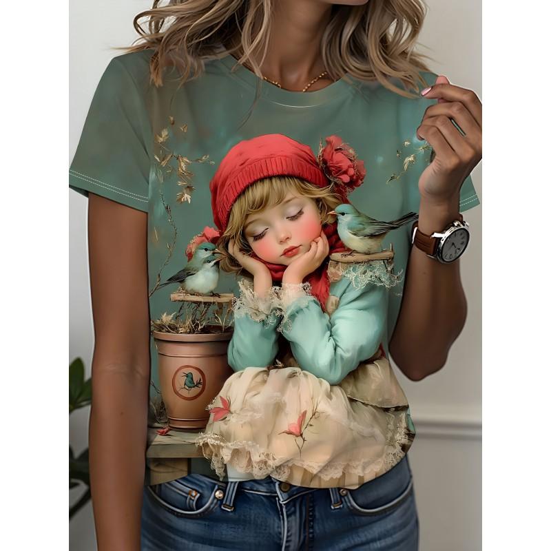Womens Slim Fit Short Sleeve T-Shirt With 3D Cartoon Animal Print Digital Printing Casual Top
