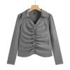 Women's Spring and Autumn T-shirt Lapel Zipper Cotton Pleated Top Fashion Slim Short High Waist Cardigan Long Sleeve Small Shirt