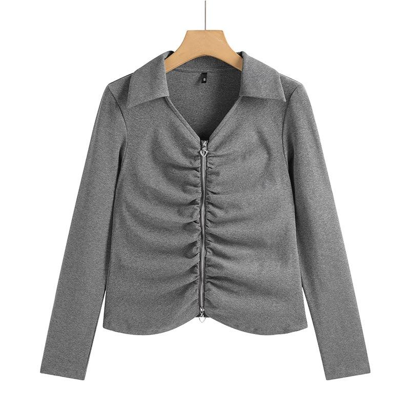 Women's Spring and Autumn T-shirt Lapel Zipper Cotton Pleated Top Fashion Slim Short High Waist Cardigan Long Sleeve Small Shirt