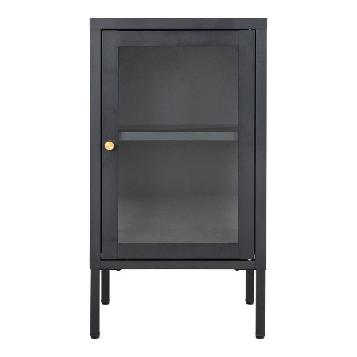 Small Sideboard with 1 Door, 38x35x70 Cm, In Glass and Black Metal
