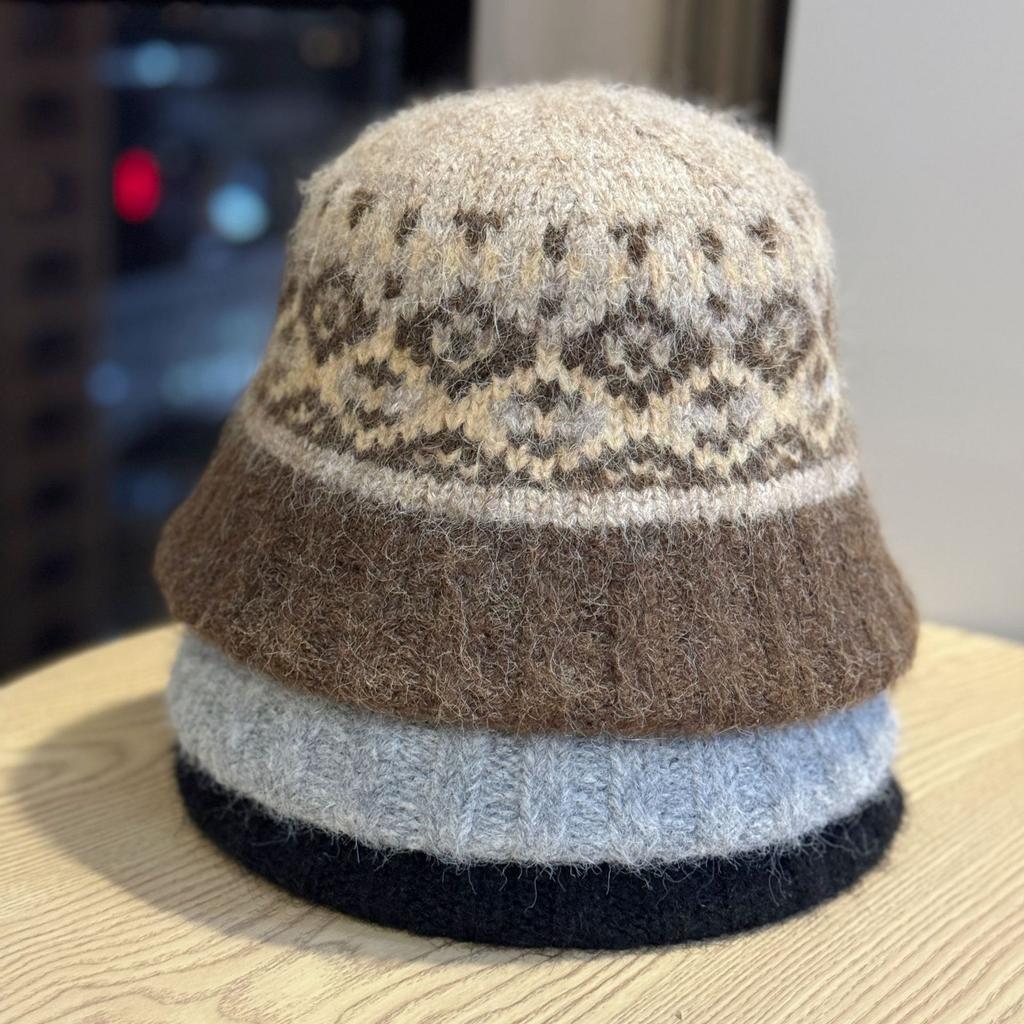 Autumn and Winter Thickened Fair Isle Style Knitted Fisherman Hat for Women Autumn Retro Wide Brim Face Showing Small Warm Basin Hat Trend