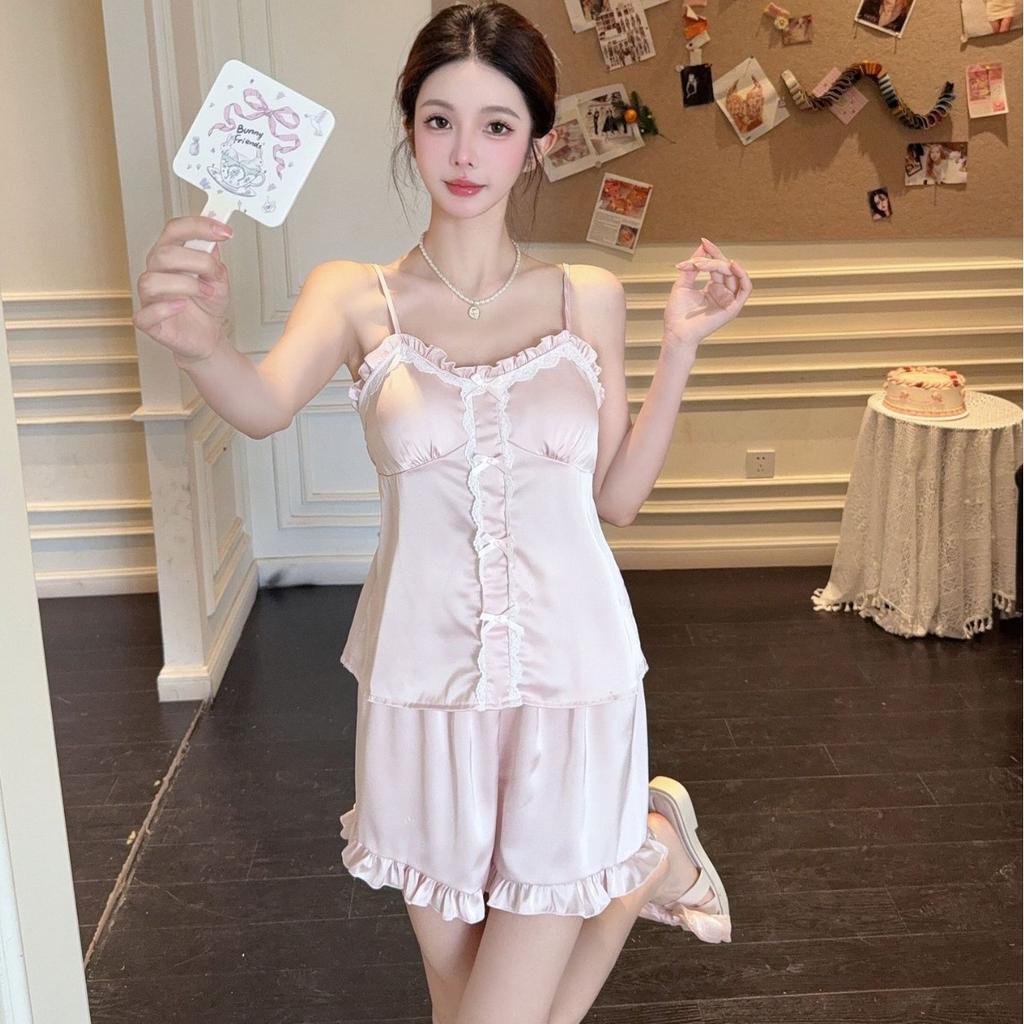 Ice silk pajamas female summer girl pure desire suspender shorts loungewear set pajamas female pink sexy pure desire