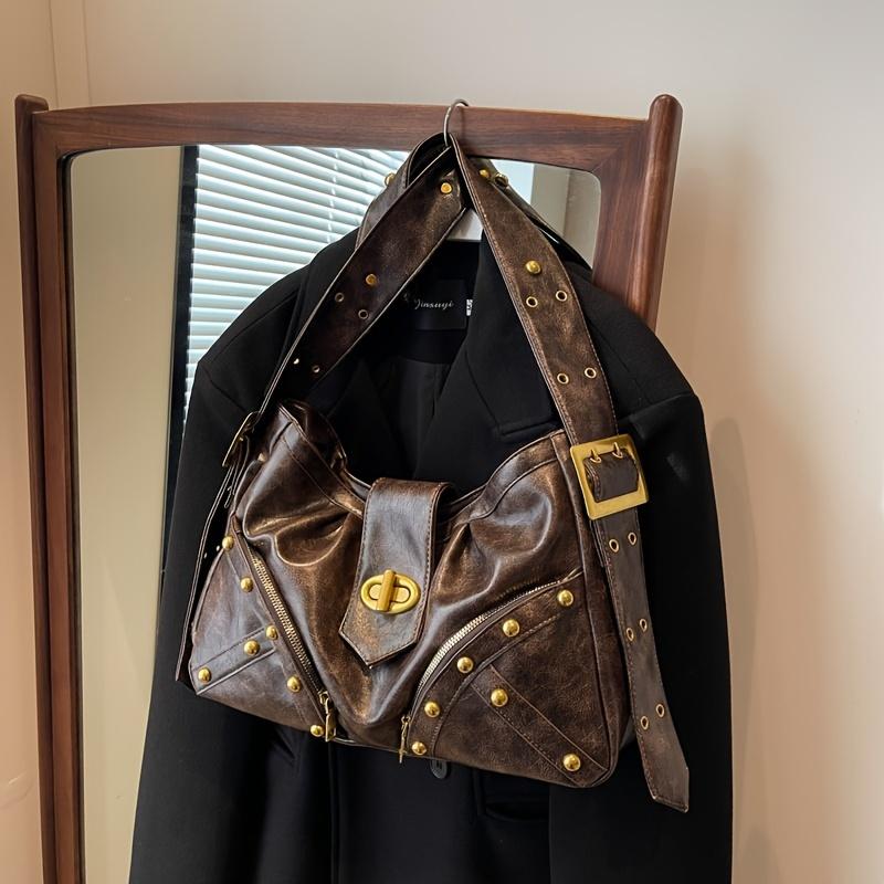 

Винтажная сумка через плечо с заклепками, сумка через плечо из искусственной кожи Y2K, модная сумка через плечо с декором в виде пряжки