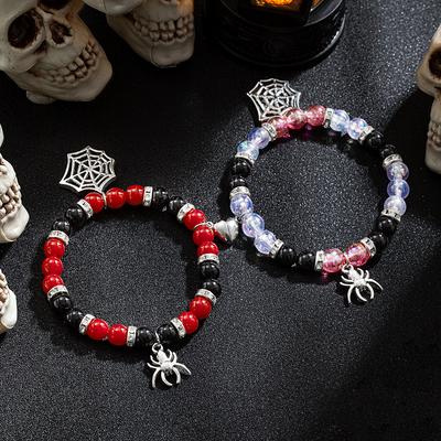 2 Halloween Funny Spider Web Pendants, Colorful Bead Design, Couple's Love Bracelet